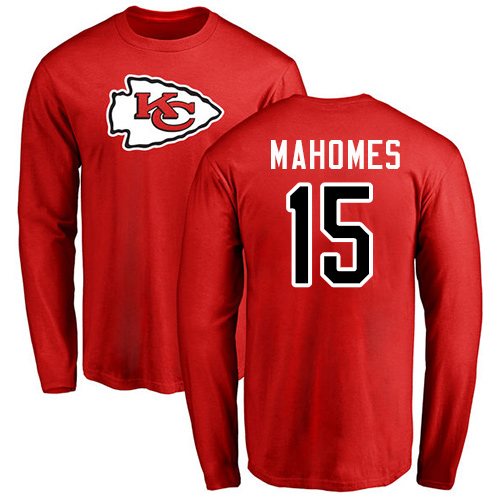 Men Kansas City Chiefs #15 Mahomes Patrick Red Name and Number Logo Long Sleeve T-Shirt->kansas city chiefs->NFL Jersey